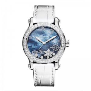 Copy Chopard Happy Snowflakes Blue Mother of Pearl Diamond White Leather Strap Limited Edition Women's Watch