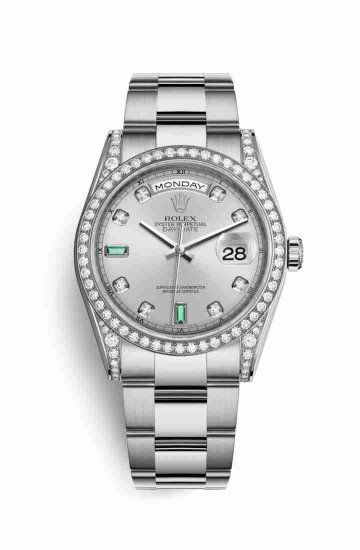 Swiss Replica Rolex Day-Date 36 diamonds 118389 Rhodium diamonds emeralds Dial Watch - Click Image to Close