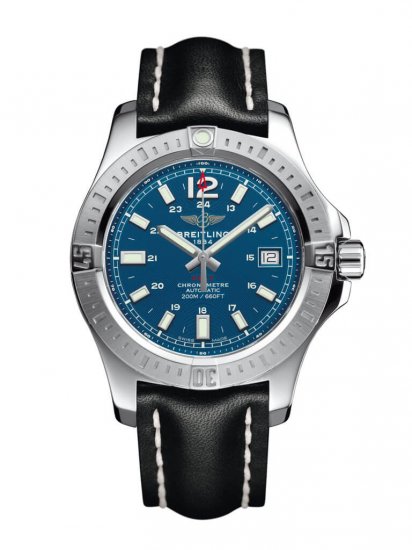 Fake Breitling Colt 41 Automatic Blue Dial Black Leather Men's Watch - Click Image to Close