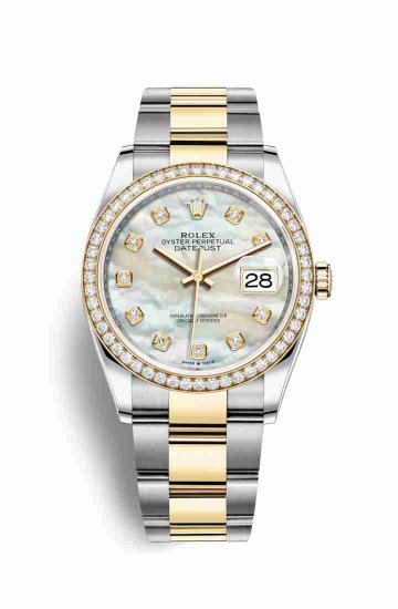 Swiss Replica Rolex Datejust 36 Yellow 126283RBR White mother-of-pearl diamonds Watch - Click Image to Close