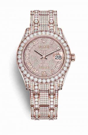 Swiss Replica Rolex Pearlmaster 39 Everose gold lugs diamonds 86405RBR gold paved 713 diamonds Watch