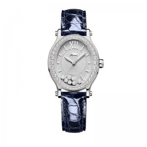 Copy Chopard Happy Sport Oval Automatic Diamond White Gold BLue Leather 31mm Women's Watch