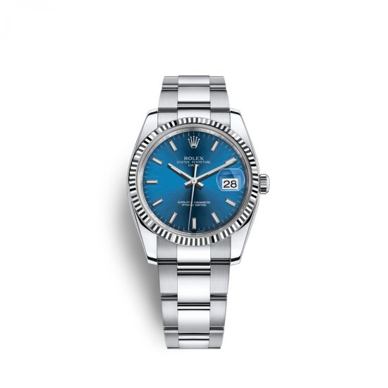 Fake Rolex Date 34 Oystersteel 18 ct white gold M115234-0004 Blue Dial Watch - Click Image to Close