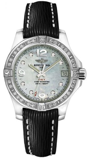 Fake Breitling Colt Lady Mother of Pearl Diamond Dial Black Leather Strap Women's Watch - Click Image to Close