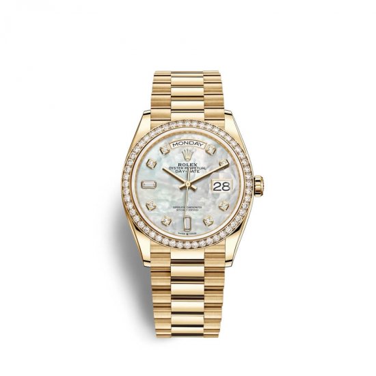 Fake Rolex Day-Date 36 18 ct yellow gold M128348RBR-0017 White mother-of-pearl set with diamonds Dial Watch - Click Image to Close