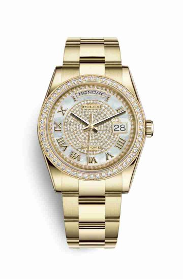 Swiss Replica Rolex Day-Date 36 118348 White mother-of-pearl diamond paved Dial Watch - Click Image to Close