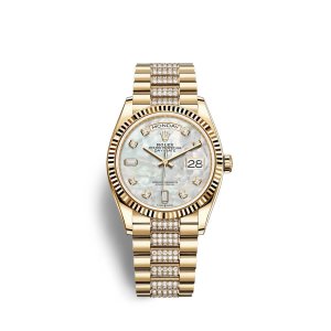 Fake Rolex Day-Date 36 18 ct yellow gold M128238-0032 White mother-of-pearl set with diamonds Dial Watch