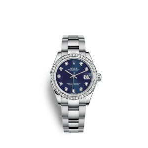 Fake Rolex Datejust 31 Oystersteel 18 ct white gold M178384-0067 Blue set with diamonds Dial Watch