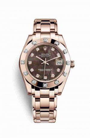 Swiss Replica Rolex Pearlmaster 34 Everose gold 81315 Black mother-of-pearl diamonds Watch