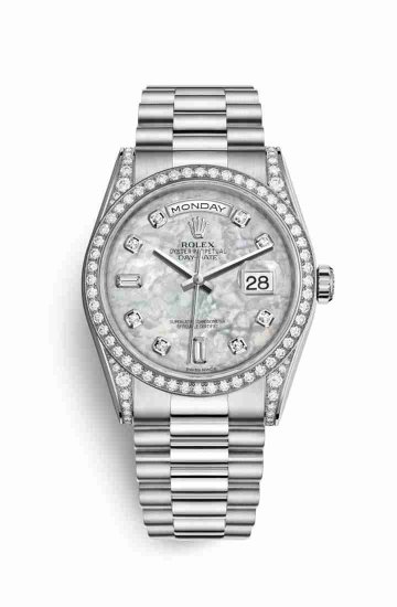 Swiss Replica Rolex Day-Date 36 diamonds 118389 White mother-of-pearl diamonds Watch - Click Image to Close