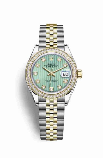 Swiss Replica Rolex Datejust 28 Yellow 279383RBR Mint green diamonds Watch - Click Image to Close