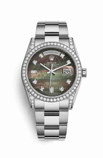 Swiss Replica Rolex Day-Date 36 diamonds 118389 Black mother-of-pearl diamonds Watch - Click Image to Close