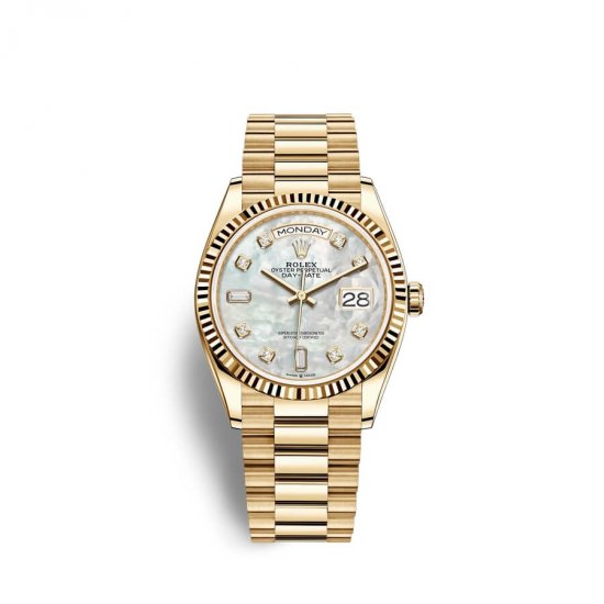 Fake Rolex Day-Date 36 18 ct yellow gold M128238-0011 White mother-of-pearl set with diamonds Dial Watch - Click Image to Close