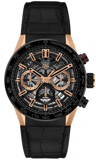 Swiss Replica TAG Heuer Carrera Calibre Heuer 02 43 Rose Gold/Black Ceramic/Alligator Watch - Click Image to Close