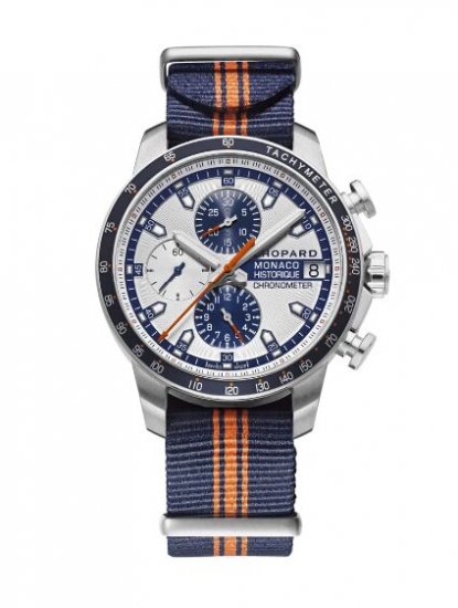 Copy Chopard Grand Prix de Monaco Historique Chronograph White Dial Blue Fabric Limited Edition Men's Watch - Click Image to Close