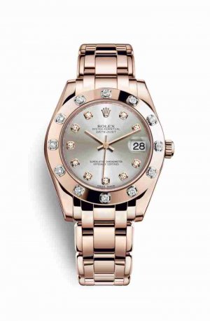 Swiss Replica Rolex Pearlmaster 34 Everose gold 81315 Silver diamonds Watch