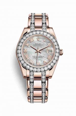 Swiss Replica Rolex Pearlmaster 34 Everose gold 81285 White mother-of-pearl Dial Watch