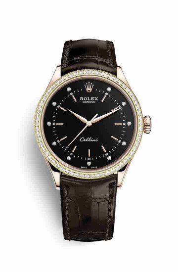 Swiss Replica Rolex Cellini Time 18ct Everose gold 50705RBR Black diamonds Watch - Click Image to Close