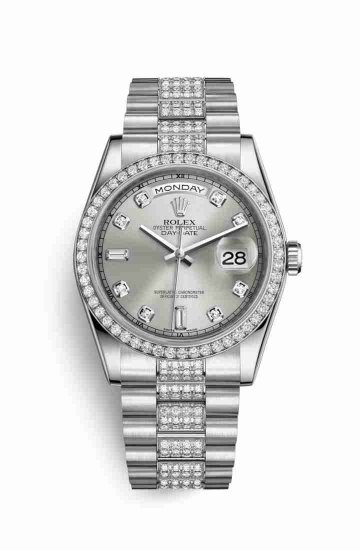 Swiss Replica Rolex Day-Date 36 Platinum 118346 Silver diamonds Watch - Click Image to Close