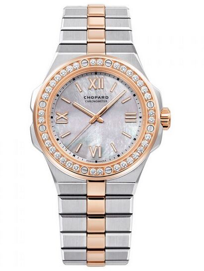 Copy Chopard Alpine Eagle 36mm Steel and Rose Gold Diamond Bezel Mother of Pearl Dial Watch - Click Image to Close