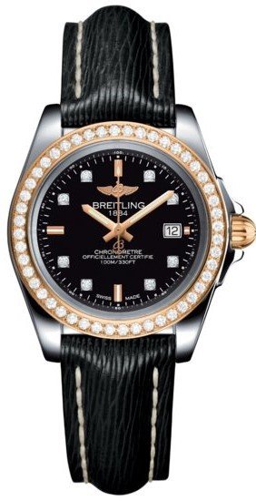 Fake Breitling Galactic 32 Sleek Edition Trophy Black Diamond Dial Black Leather Strap Women's Watch - Click Image to Close