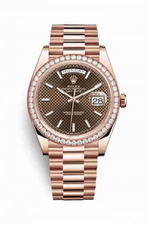Swiss Replica Rolex Day-Date 40 Everose gold 228345RBR Chocolate diagonal motif Dial Watch