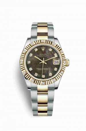 Swiss Replica Rolex Datejust 31 Yellow 178313 Black mother-of-pearl diamonds Watch