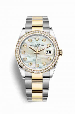Swiss Replica Rolex Datejust 36 Yellow 126283RBR White mother-of-pearl diamonds Watch