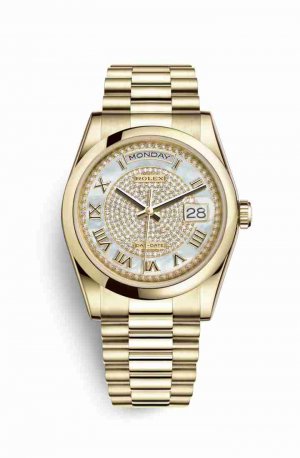 Swiss Replica Rolex Day-Date 36 118208 White mother-of-pearl diamond paved Dial Watch