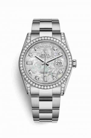 Swiss Replica Rolex Day-Date 36 diamonds 118389 White mother-of-pearl diamonds Watch