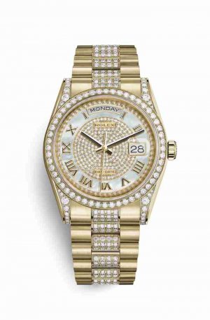Swiss Replica Rolex Day-Date 36 118388 White mother-of-pearl diamond paved Dial Watch