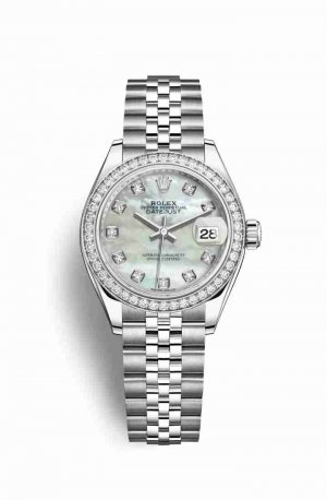 Swiss Replica Rolex Datejust 28 White gold 279384RBR White mother-of-pearl diamonds Watch