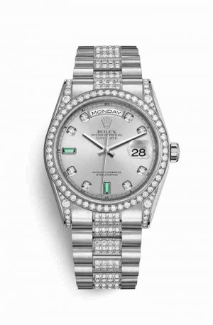 Swiss Replica Rolex Day-Date 36 diamonds 118389 Rhodium diamonds emeralds Dial Watch