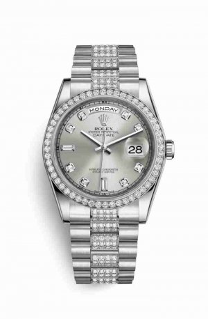 Swiss Replica Rolex Day-Date 36 Platinum 118346 Silver diamonds Watch