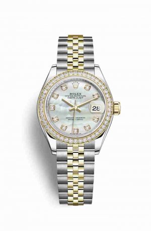 Swiss Replica Rolex Datejust 28 Yellow 279383RBR White mother-of-pearl diamonds Watch