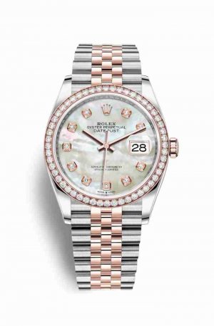Swiss Replica Rolex Datejust 36 Everose gold 126281RBR White mother-of-pearl diamonds Watch