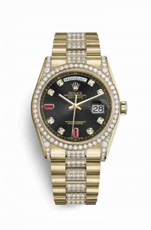 Swiss Replica Rolex Day-Date 36 118388 Black diamonds rubies Dial Watch