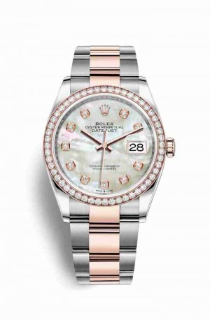 Swiss Replica Rolex Datejust 36 Everose gold 126281RBR White mother-of-pearl diamonds Watch
