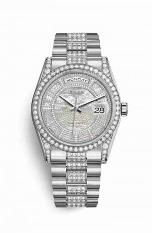 Swiss Replica Rolex Day-Date 36 diamonds 118389 Carousel of white mother-of-pearl Dial Watch