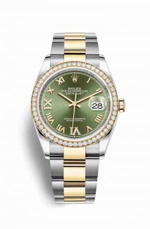 Swiss Replica Rolex Datejust 36 Yellow 126283RBR Olive green diamonds Watch