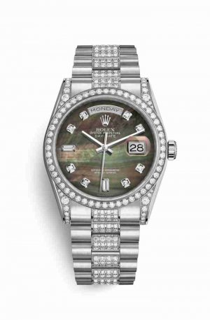 Swiss Replica Rolex Day-Date 36 diamonds 118389 Black mother-of-pearl diamonds Watch
