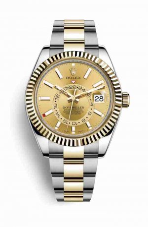 Swiss Replica Rolex Sky-Dweller Yellow 326933 Champagne Dial Watch