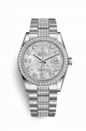 Swiss Replica Rolex Day-Date 36 Platinum 118346 White mother-of-pearl diamonds Watch