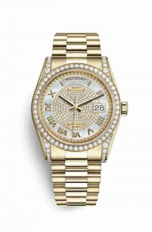 Swiss Replica Rolex Day-Date 36 118388 White mother-of-pearl diamond paved Dial Watch