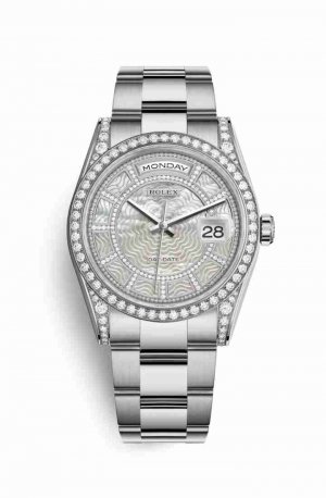 Swiss Replica Rolex Day-Date 36 diamonds 118389 Carousel of white mother-of-pearl Dial Watch