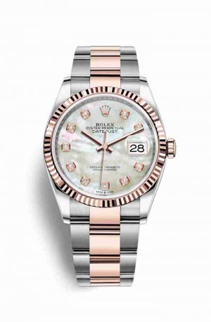 Swiss Replica Rolex Datejust 36 Everose gold 126231 White mother-of-pearl diamonds Watch