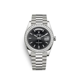 Fake Rolex Day-Date 40 18 ct white gold M228349RBR-0002 Black Dial Watch