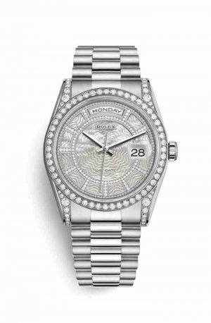 Swiss Replica Rolex Day-Date 36 diamonds 118389 Carousel of white mother-of-pearl Dial Watch