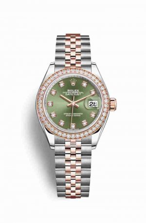Swiss Replica Rolex Datejust 28 Everose gold 279381RBR Olive green diamonds Watch